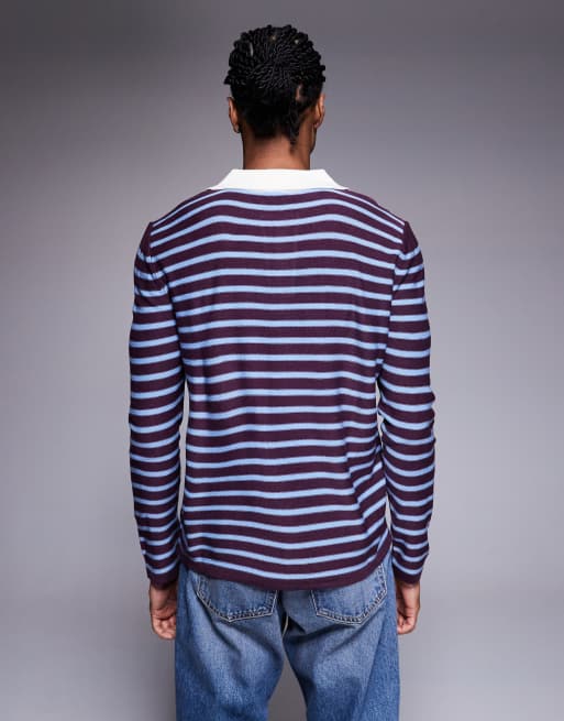 ASOS DESIGN – Röd och blårandig, stickad pikétröja med sprund vid halsen, 3 av 5