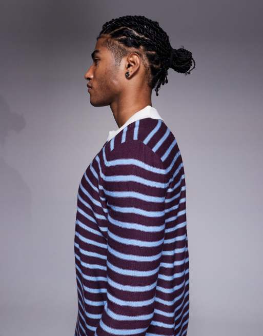 ASOS DESIGN – Röd och blårandig, stickad pikétröja med sprund vid halsen, 4 av 5