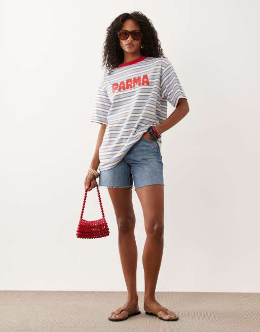 ASOS DESIGN – Röd- och blårandig t-shirt med Palma-tryck, 3 av 4