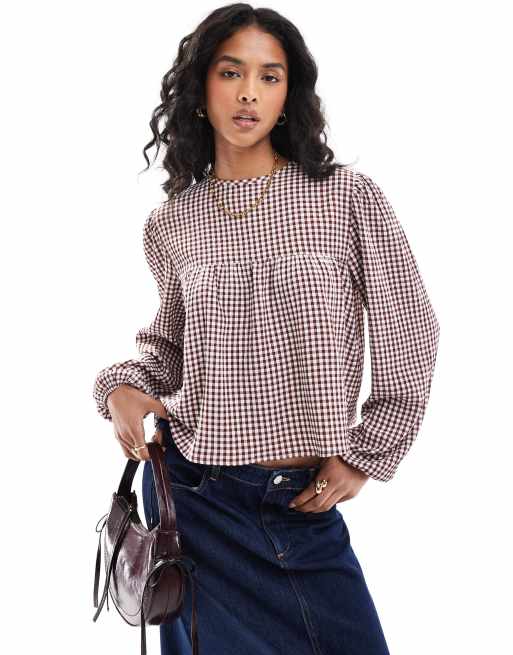 ASOS DESIGN – Röd och gräddvit, ginghamrutig blus med rynkad söm och långa ärmar