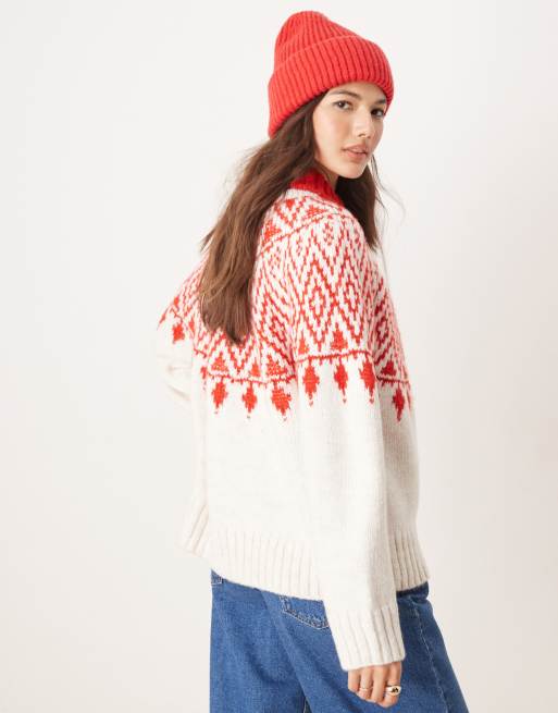 ASOS DESIGN – Röd och gräddvit, grovstickad kofta med fairislemönster och dragkedja, 4 av 4