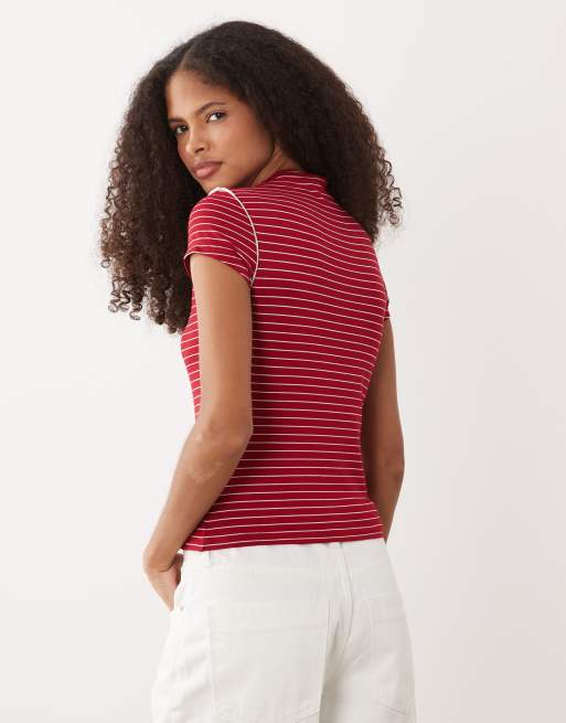 ASOS DESIGN – Röd och vit, ribbad topp med ståkrage och synliga sömmar, 4 av 4