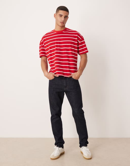 ASOS DESIGN – Röd och vit, stickad t-shirt i oversize med boxig passform och sänkt axelsöm , 2 av 5