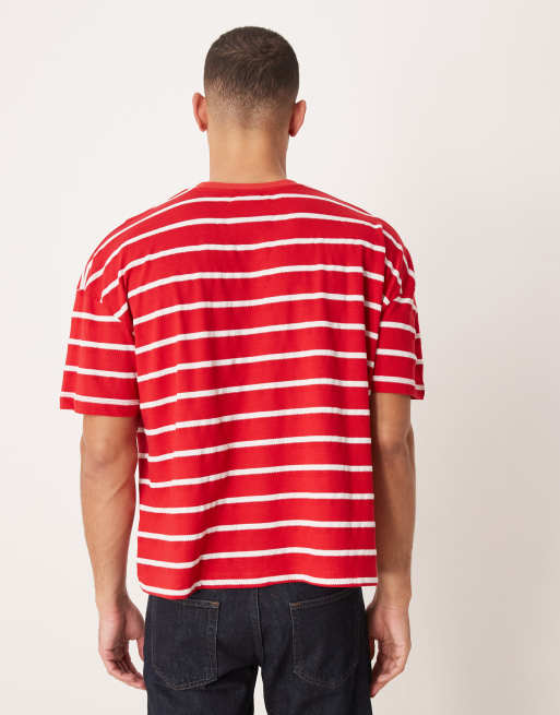 ASOS DESIGN – Röd och vit, stickad t-shirt i oversize med boxig passform och sänkt axelsöm , 3 av 5