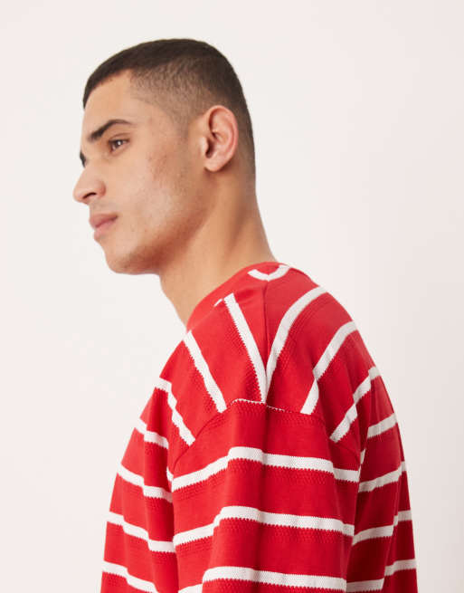ASOS DESIGN – Röd och vit, stickad t-shirt i oversize med boxig passform och sänkt axelsöm , 4 av 5