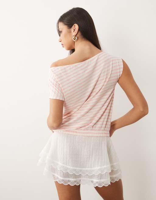 ASOS DESIGN – Röd- och vitrandig, slubvävd topp med bara axlar och markerad midja, 3 av 4