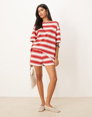 ASOS DESIGN – Röd och vitrandig t-shirt i oversize, del av set - view 1