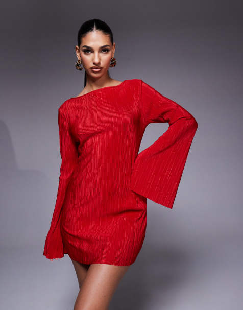 ASOS DESIGN – Röd, plisserad miniklänning med lång, utsvängd ärm - view 1