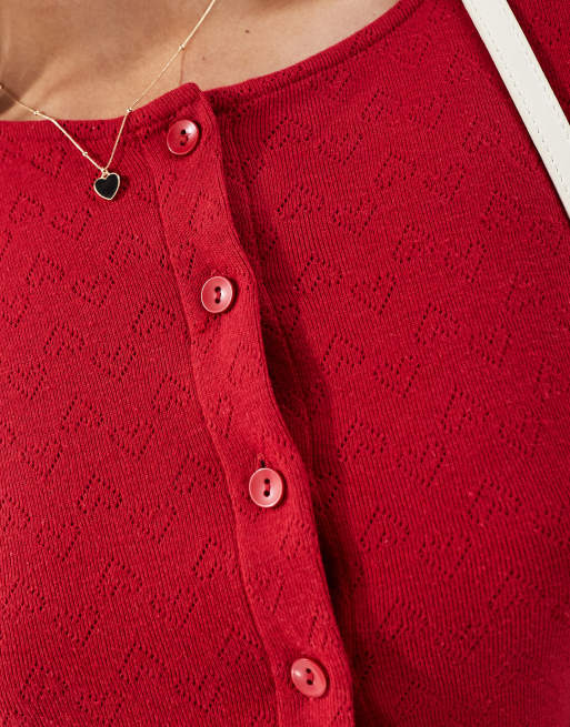 ASOS DESIGN – Röd, pointellestickad topp med krympt design, långa ärmar och knäppning, 2 av 4