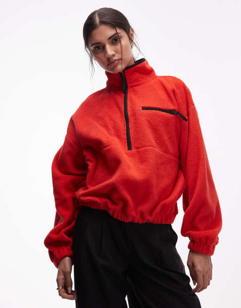 ASOS DESIGN – Röd polarfleece med dragkedja vid halsen och kontrasterande, svarta kantband - view 1