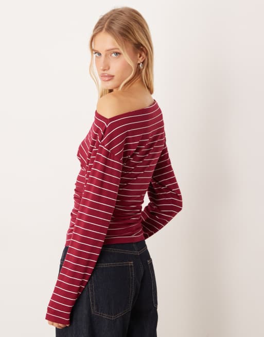 ASOS DESIGN – Röd, randig, asymmetrisk topp med långa ärmar och markerad midja, 3 av 4