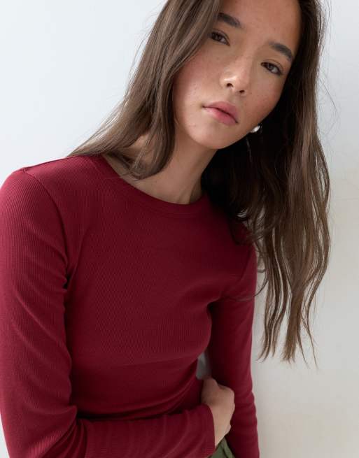 ASOS DESIGN – Röd, ribbad topp med långa ärmar och rund halsringning, 4 av 5