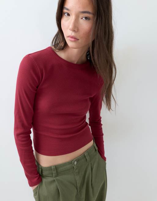 ASOS DESIGN – Röd, ribbad topp med långa ärmar och rund halsringning, 5 av 5