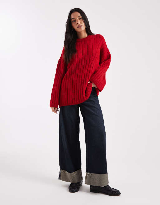 ASOS DESIGN – Röd, ribbad tröja i lång modell med rund halsringning, 2 av 4