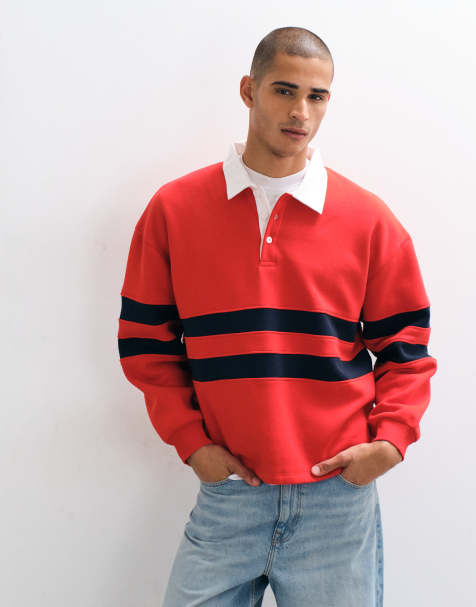 ASOS DESIGN – Röd rugbytröja i oversize med kontrastfärgade paneler - view 1
