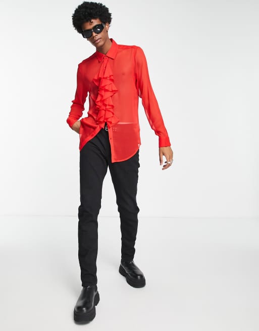 ASOS DESIGN – Röd skir skjorta med normal passform och volang framtill , 4 av 4