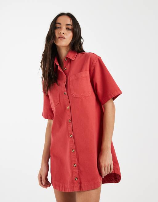 ASOS DESIGN – Röd skjortklänning i denim med boxig passform och ficka, 2 av 4