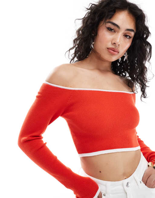 ASOS DESIGN – Röd, stickad bardot-topp i off shoulder-design