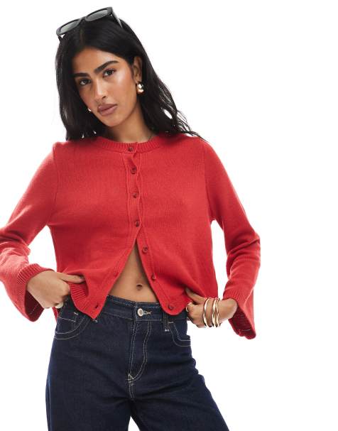 ASOS DESIGN – Röd, stickad kofta med utsvängda ärmar - view 1