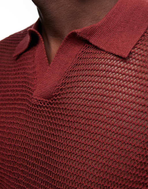 ASOS DESIGN – Röd, stickad pikétröja i mesh med sprund i halsen, 2 av 5
