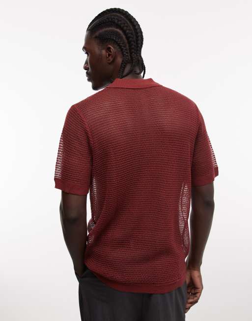 ASOS DESIGN – Röd, stickad pikétröja i mesh med sprund i halsen, 5 av 5