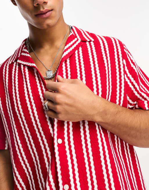 ASOS DESIGN – Röd stickad skjorta med randigt mönster och platt krage, 3 av 4