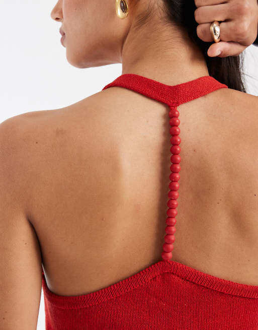 ASOS DESIGN – Röd, stickad topp med halterneck och pärlor, 3 av 4