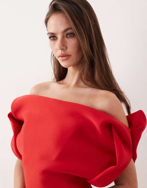 ASOS DESIGN – Röd, strukturerad miniklänning i scubaliknande tyg med bardotringning, 3 av 4