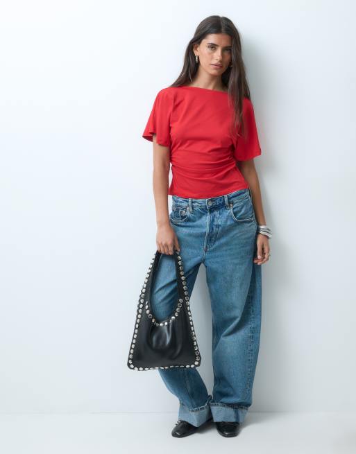 ASOS DESIGN – Röd t-shirt med indragen midja, vida ärmar och v-ringning, 3 av 4