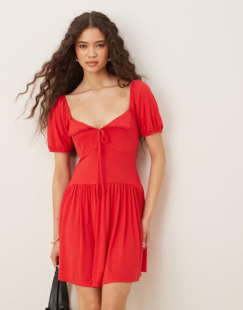 ASOS DESIGN – Röd tea-klänning i minilängd med puffärmar - view 1