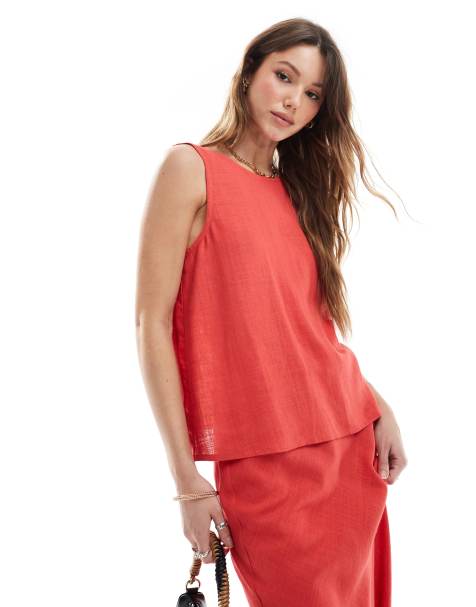 ASOS DESIGN – Röd topp i linneblandning med djup halsringning - view 1