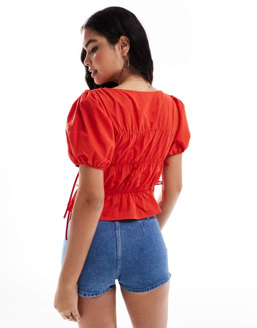 ASOS DESIGN – Röd topp med rysch, knytning i sidan och puffärmar, 4 av 4