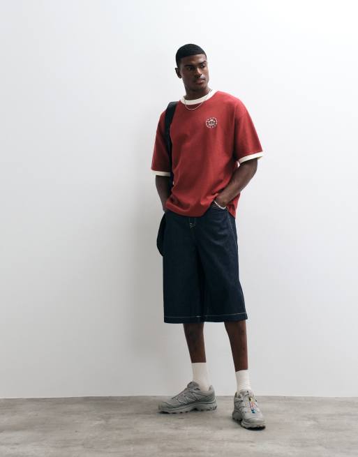 ASOS DESIGN – Röd, våfflad, kraftig t-shirt i oversize med tryck på bröstet, 2 av 5