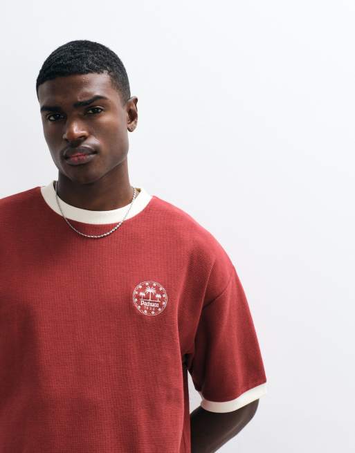 ASOS DESIGN – Röd, våfflad, kraftig t-shirt i oversize med tryck på bröstet, 4 av 5