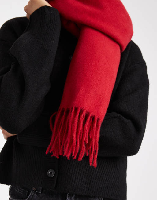 ASOS DESIGN – Röd, vävd, supermjuk halsduk med tofsar, 2 av 3