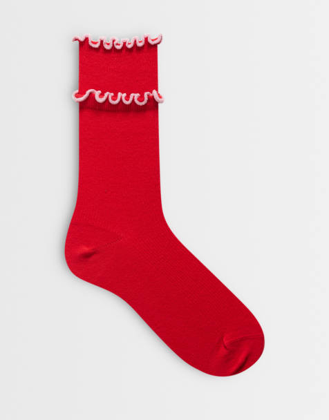 ASOS DESIGN – Röda ankelstrumpor med ljuslila, dubbel volangkant - view 1