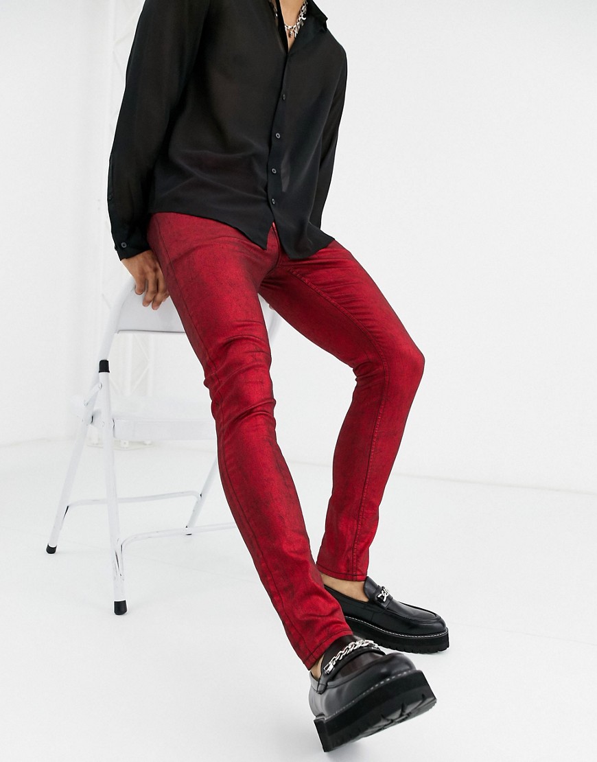 ASOS DESIGN – Röda, metallic-belagda skinny jeans