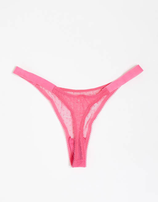 ASOS DESIGN – Röda och rosa, prickiga stringtrosor i tangamodell med hög benskärning av mesh, 3-pack, 2 av 4
