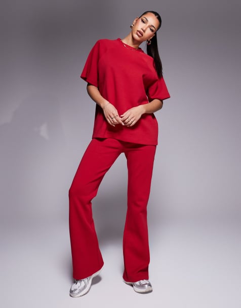 ASOS DESIGN – Röda, utsvängda mjukisbyxor med interlocksömmar, del av set - view 1