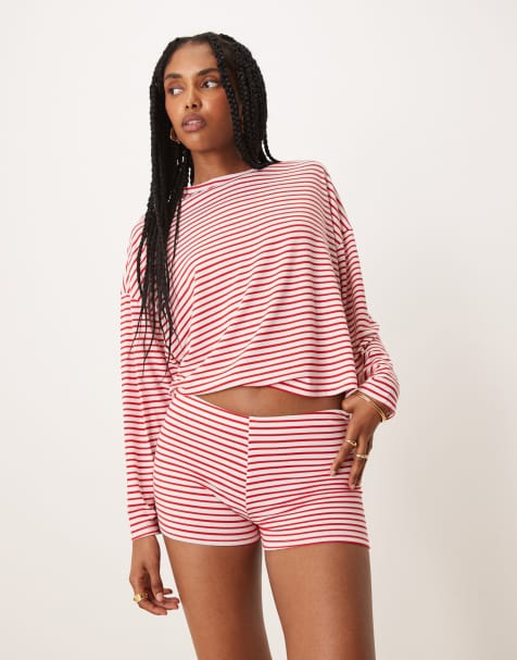 ASOS DESIGN – Röda, vitrandiga mikroshorts, del av set - view 1