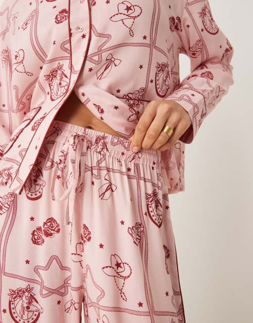 ASOS DESIGN  rodeo print modal pyjama shirt and wide leg trouser set in pink, 4 of 4