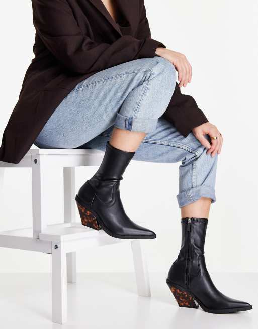 ASOS DESIGN Rodeo western boots with tortoiseshell heel in black ASOS