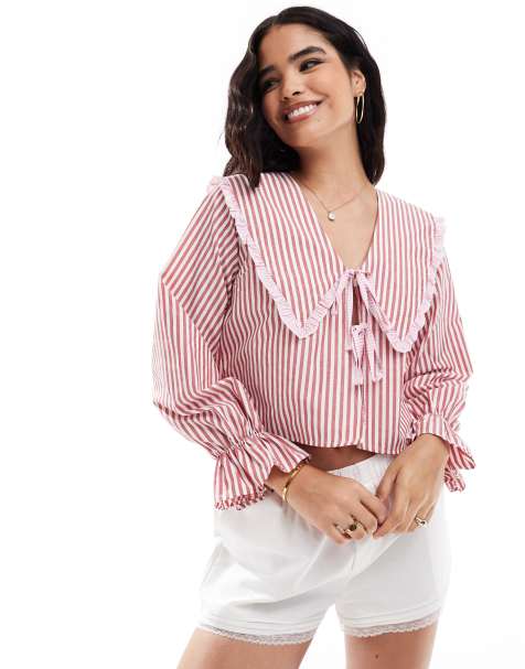 ASOS DESIGN – Rödrandig blus med stor krage och knytning - view 1
