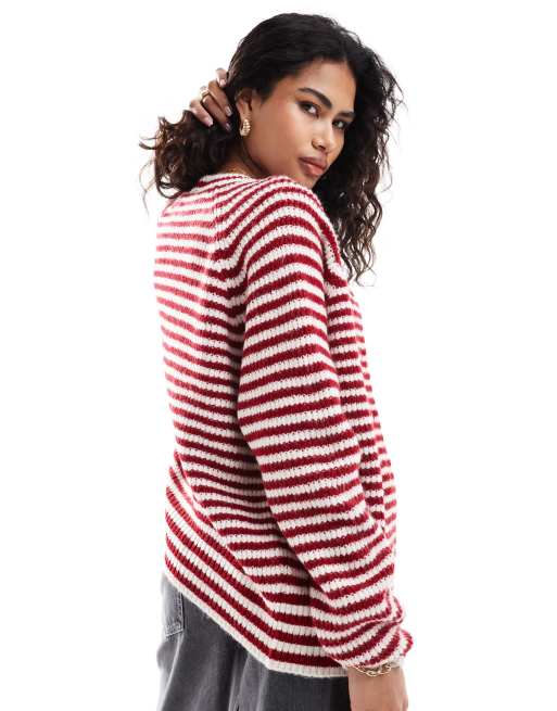 ASOS DESIGN – Rödrandig, stickad kofta med raglanärmar, 2 av 4