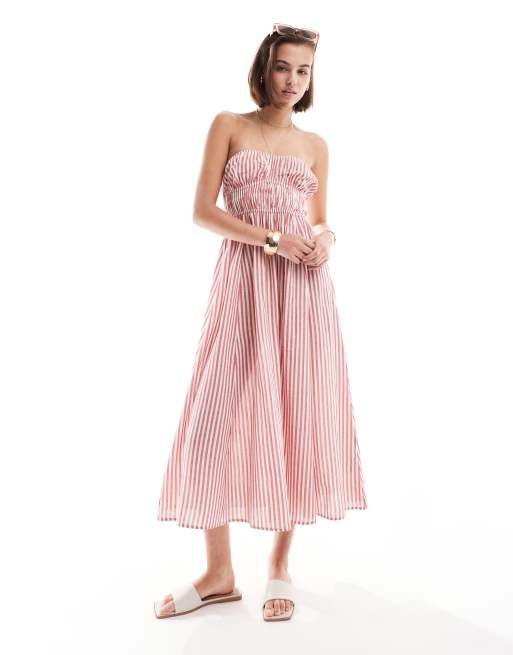ASOS DESIGN – Rödrandig sundress i midilängd och linne med bandeauringning och rynkad byst