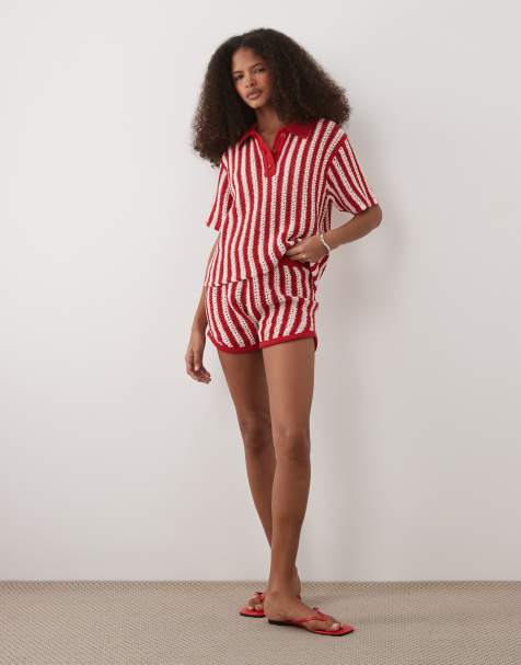 ASOS DESIGN – Rödrandiga, virkade, extra korta shorts, del av set - view 1