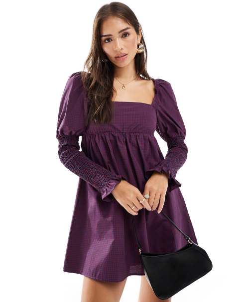 ASOS DESIGN – Rödrutig miniklänning i poplin med smockade ärmar - view 1