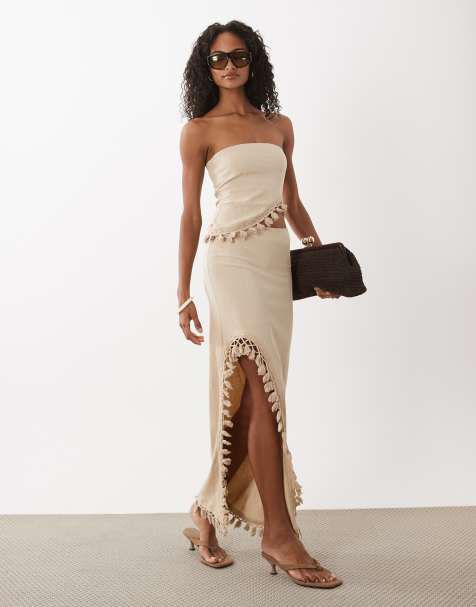 ASOS DESIGN - Rok van gekreukte stof met hoge split en kwastjes in stone, deel van co-ord set - view 1
