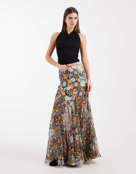 ASOS DESIGN - Rok van mix van satijn en chiffon met fishtail en bloemenprint - view 1