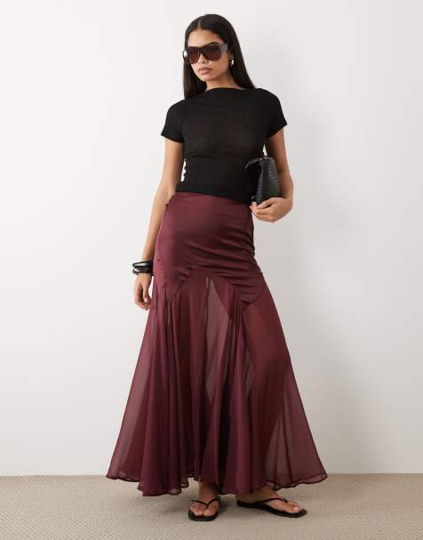 ASOS DESIGN - Rok van satijn en chiffon met fishtail in pruim - view 1